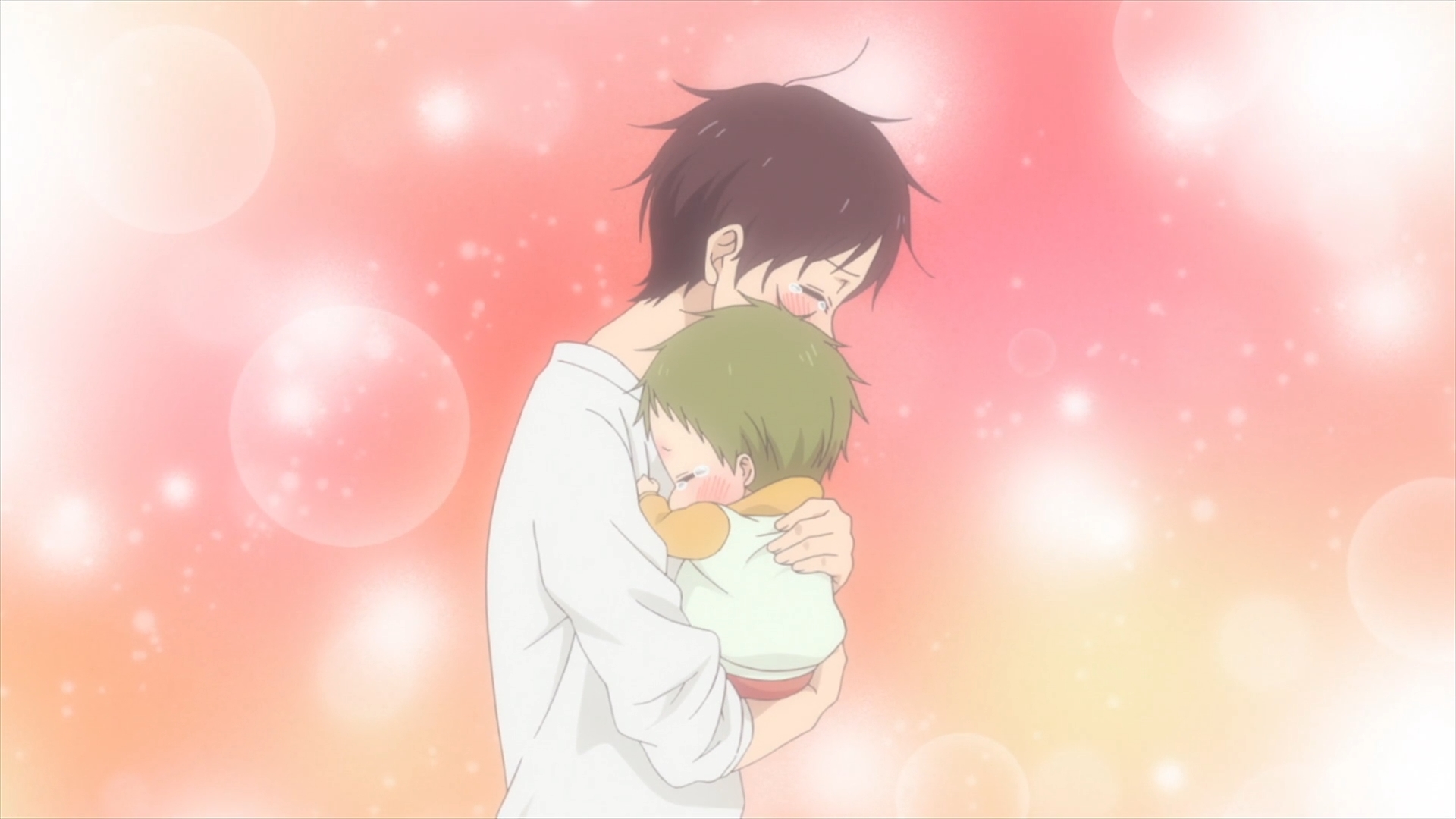 Teenage boy hugs toddler close to his chest. Episode 1. Kakihara Yuuko. Gakuen Babysitters. Brains Base. 2018. 