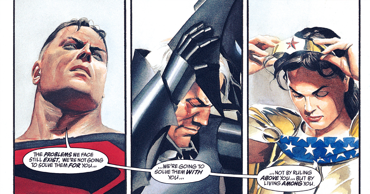 In three consecutive panels, Superman, Batman, and Wonder Woman take off their helmets/masks while Superman makes a speech about working together with humanity.