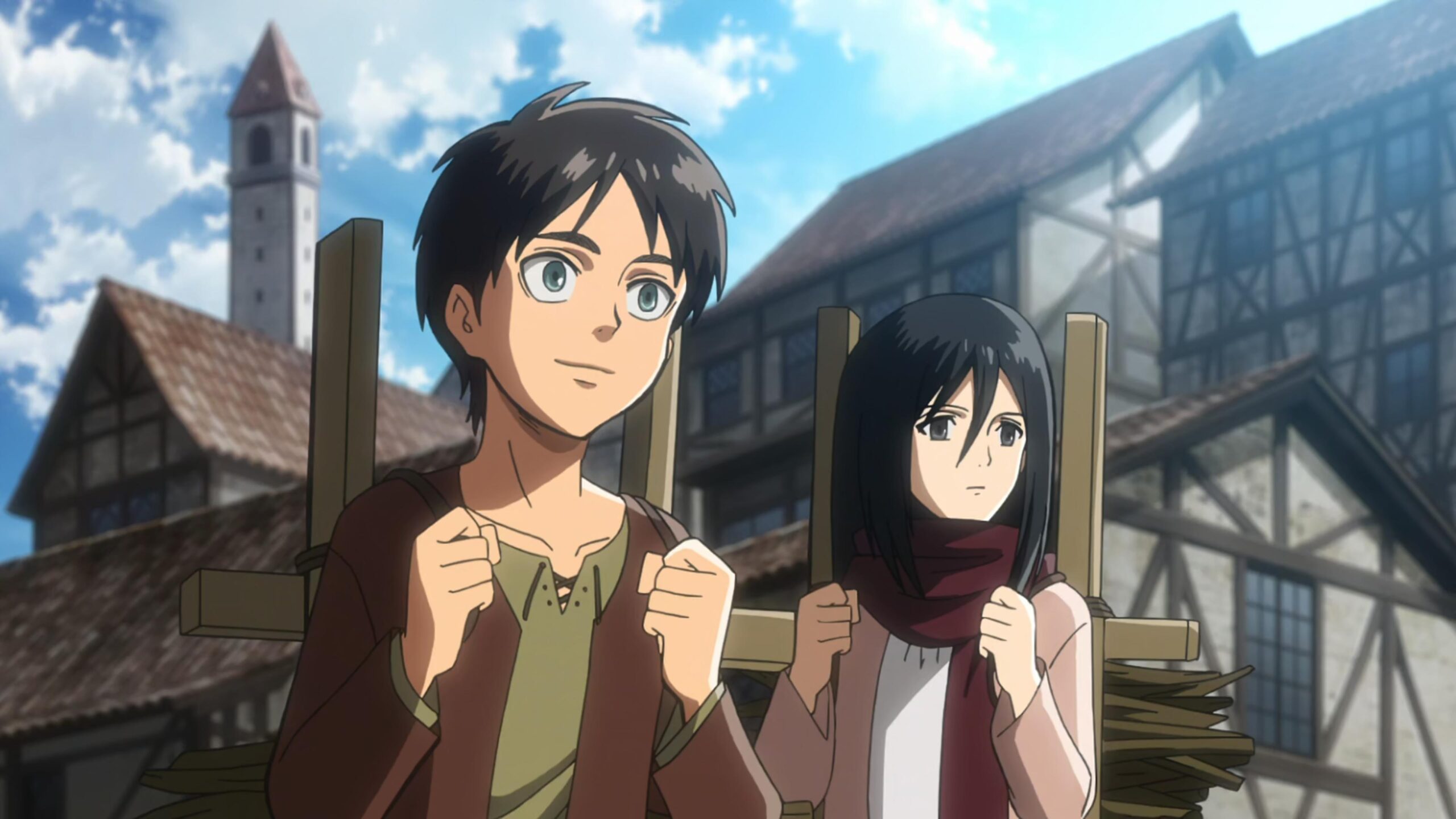 Boy and girl carry wood as they stare off into the distance. Season 1, Episode 1: "To You, In 2,000 Years: The Fall Of Shiganshina Part 1." Attack On Titian. Wit Studio. 2013-.