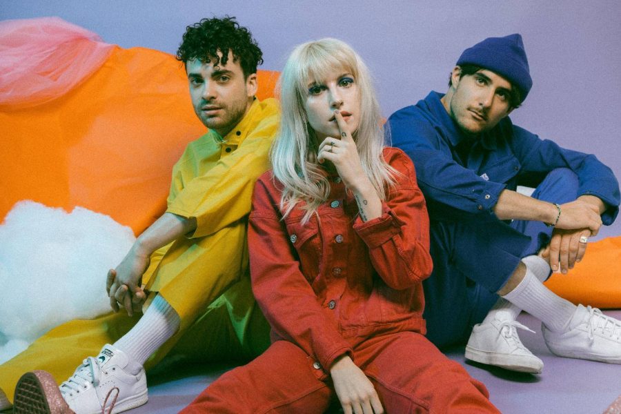 Pictured, left to right, Taylor York, Hayley Williams and Zac Farro. "Hard Times" Paramore. Fueled By Ramen. 2017.