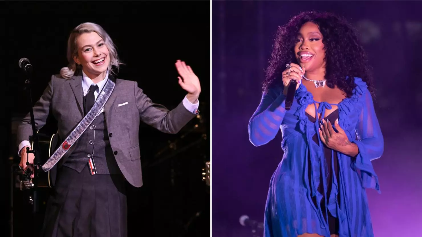 Two different images side-by-side. On the left is Phoebe Bridgers clad in a 3 piece suit, a guitar hanging off her left side, and on the right stands SZA. She's wearing a flow-y, dark blue dress and singing into a mic, illuminated by the purple light behind her. 