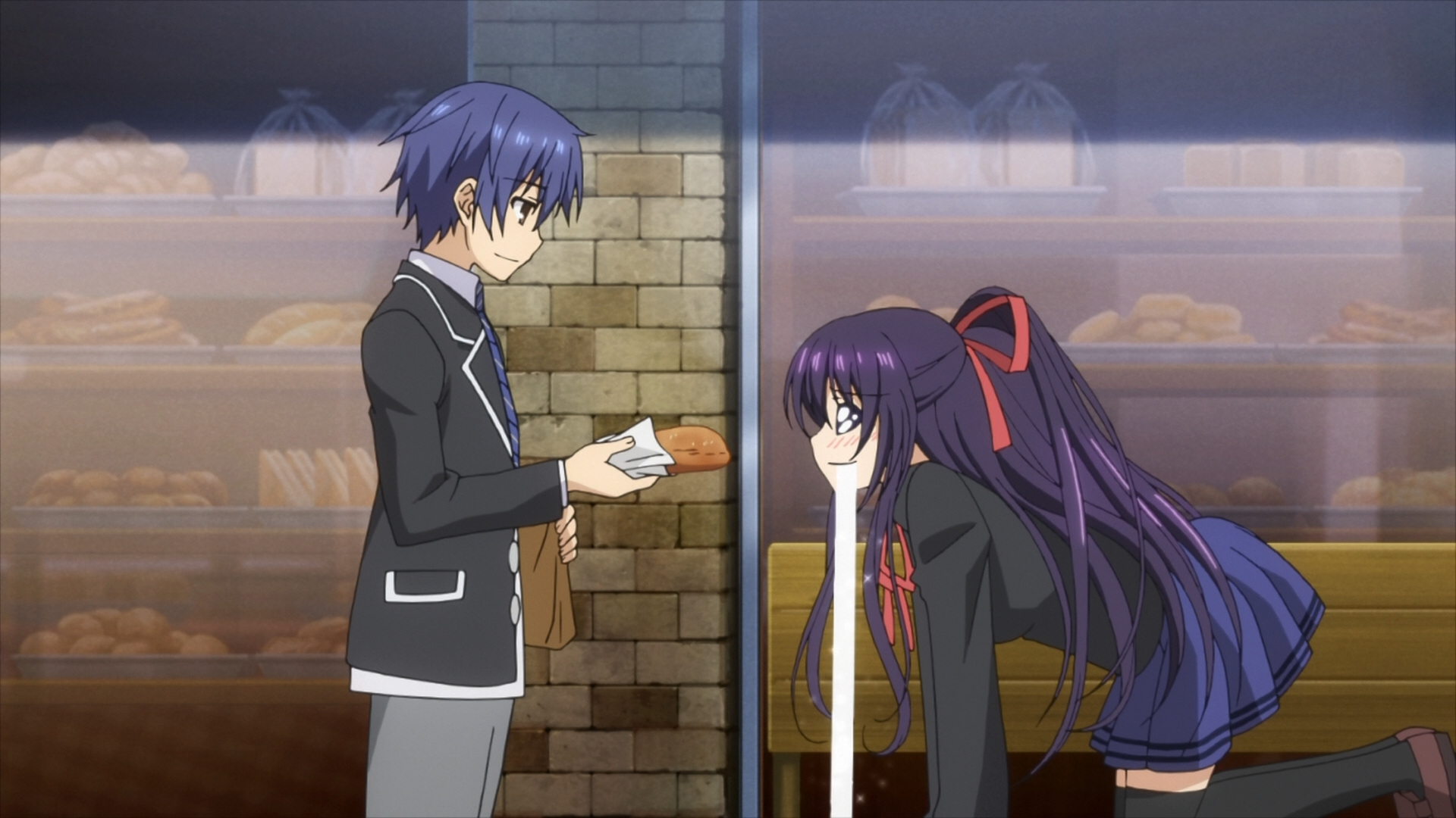 Shido Itsuka from "Date A Live" (2013-) pictured holding bread in front of a drooling Tohka Yatogami. 