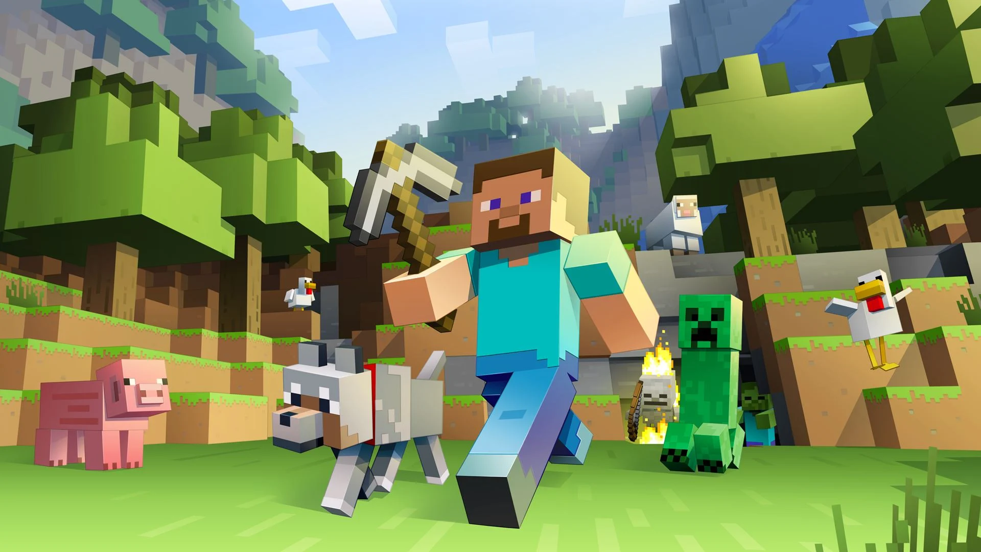 Minecraft characters and animals walk around the game environment. 