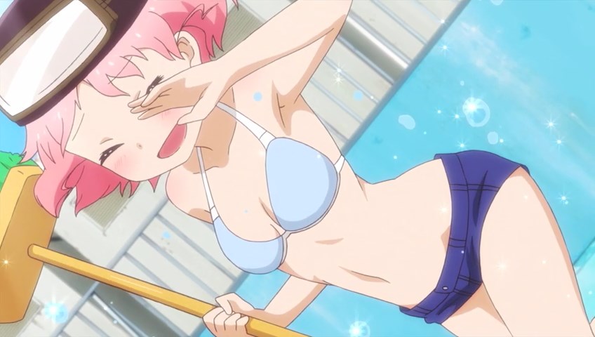 Pink haired, Yuki Takeya from "Gakkou Gurashi!" (2015) shields herself from the water. 