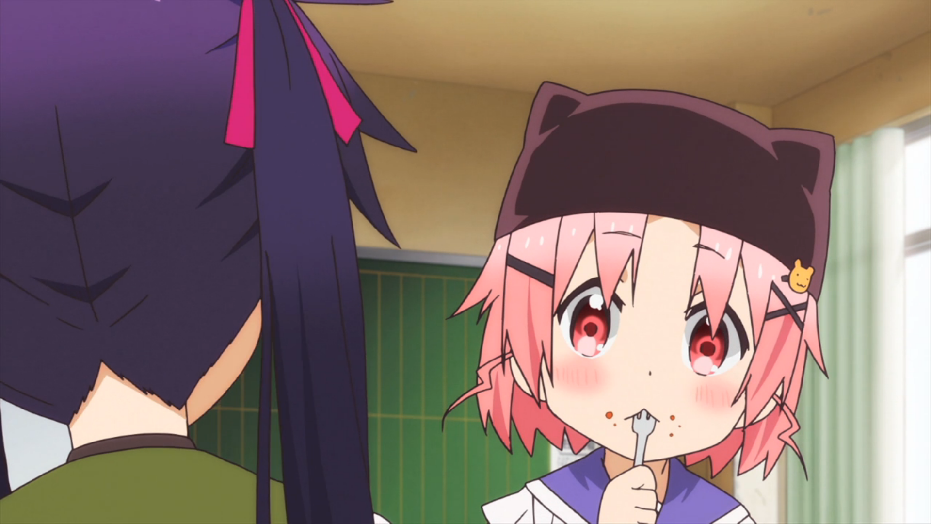 Fanon and Canon: Pink haired, Yuki Takeya from "Gakkou Gurashi!" (2015), pictured with fork in her mouth. 