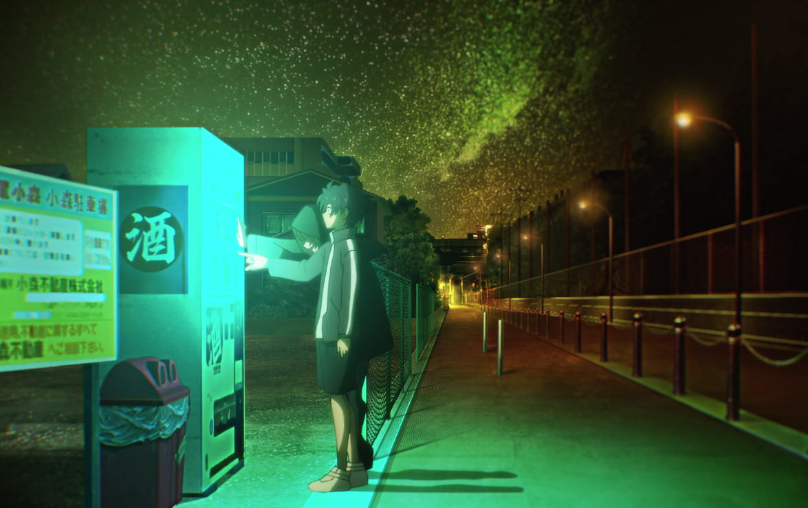 Kou Yamori from "Call Of The Night" (2022) stands in front of a vending machine at night. 