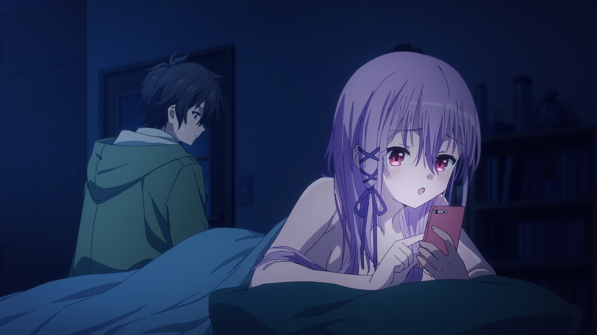 "Engage Kiss" (2022) character Kisara scrolls on her phone while Shu Ogata watches. 
