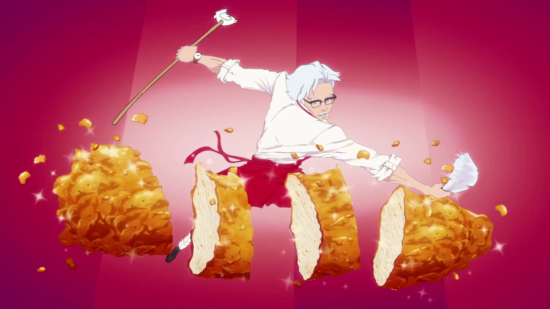 Colonel Sanders is portrayed as a handsome, charming, and sophisticated man in his mid-60s with a signature white suit, red apron, and glasses. He is dramatically slicing a piece of fried chicken. (KFC Is Getting Into The Gaming Industry With A Colonel Dating Simulator. Upbeatnews.com. 2023.)