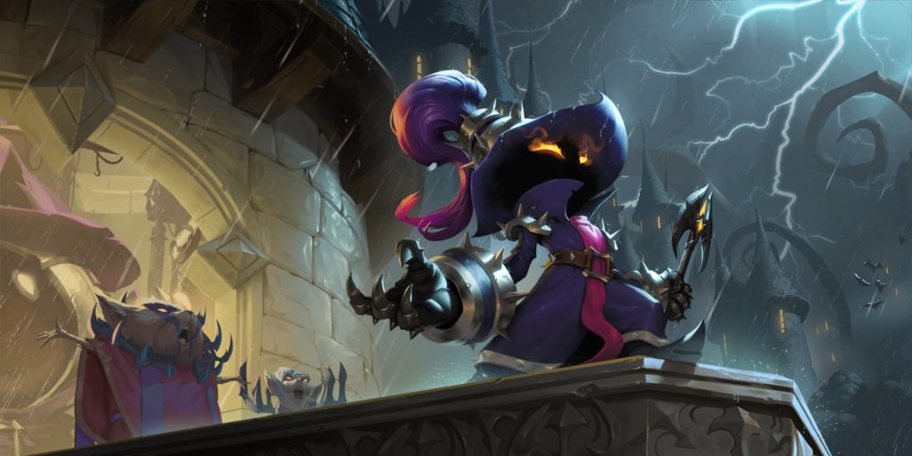 Veigar is standing outside a castle and looking out menacingly during a thunderstorm.