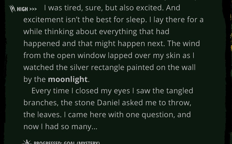 A block of text with Maia at high rage. She reflects on what to do next. "Werewolf The Apocalypse: Heart Of The Forest," Different Tales, Walkabout Games. 2020.