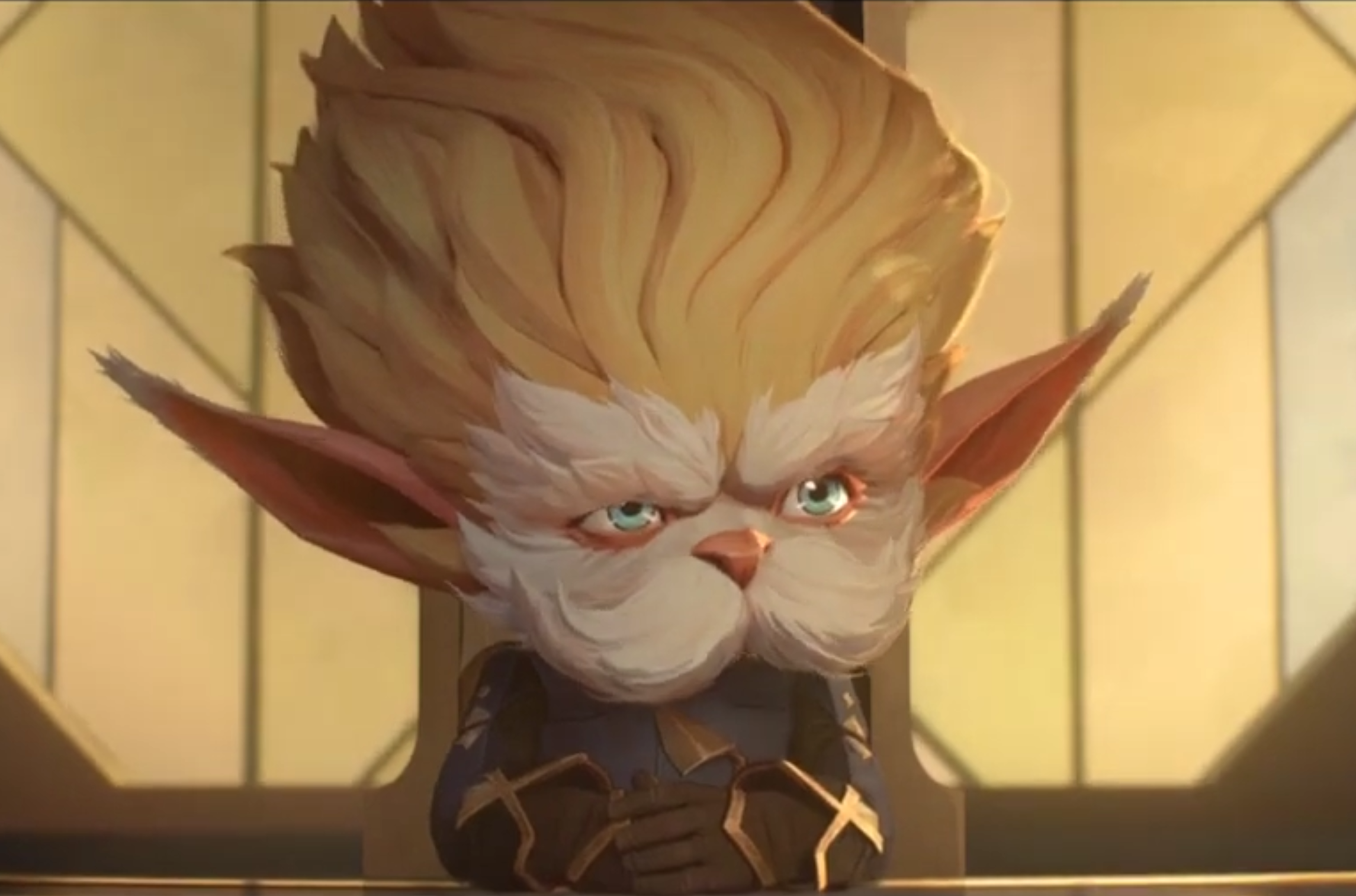 Heimerdinger is sitting and has a concerned expression.