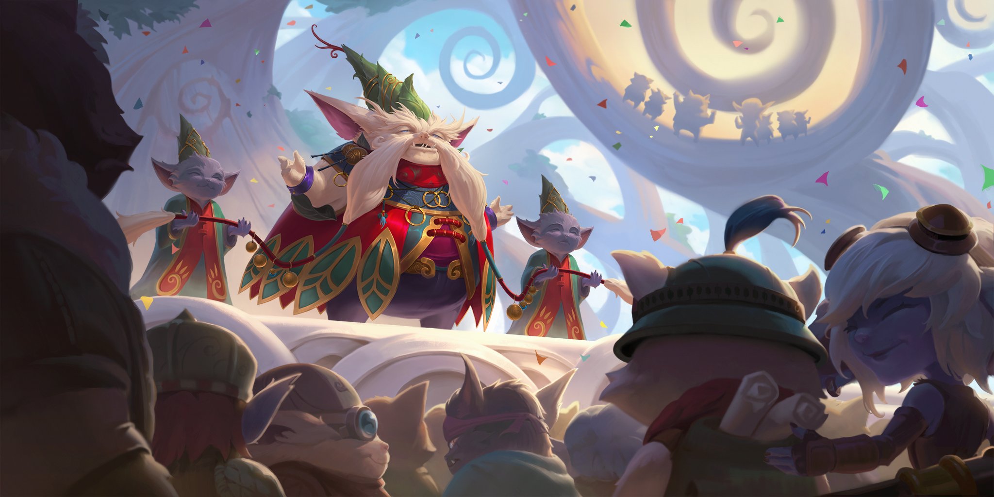 The Yordle mayor is standing in front of the crowd. He is noticeably bigger and has a long white beard.