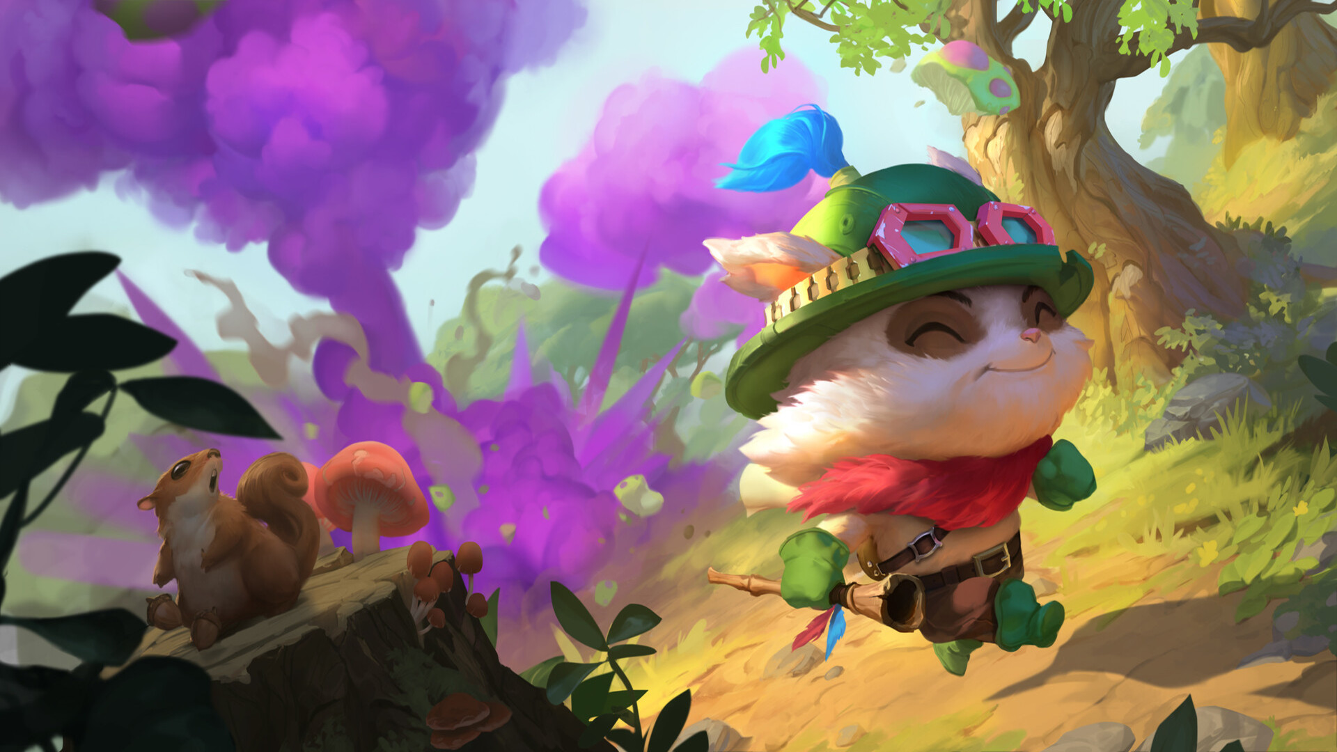 Teemo is smiling and running away as his poisonous mushroom traps go off and releases a purple gas-like explosion.