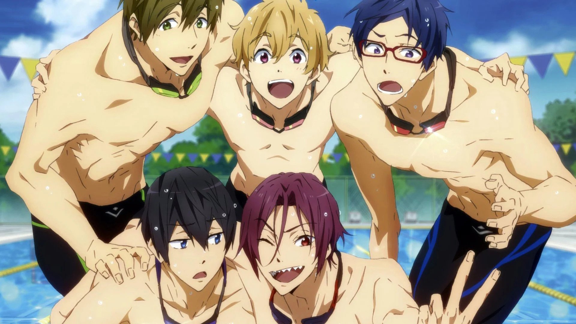 Makoto Tachibana, Nagisa Hazuki, Rei Ryugazaki, Haruka Nanase, and Rin Matsuoka from "Free!" pose in front of the swimming pool. 