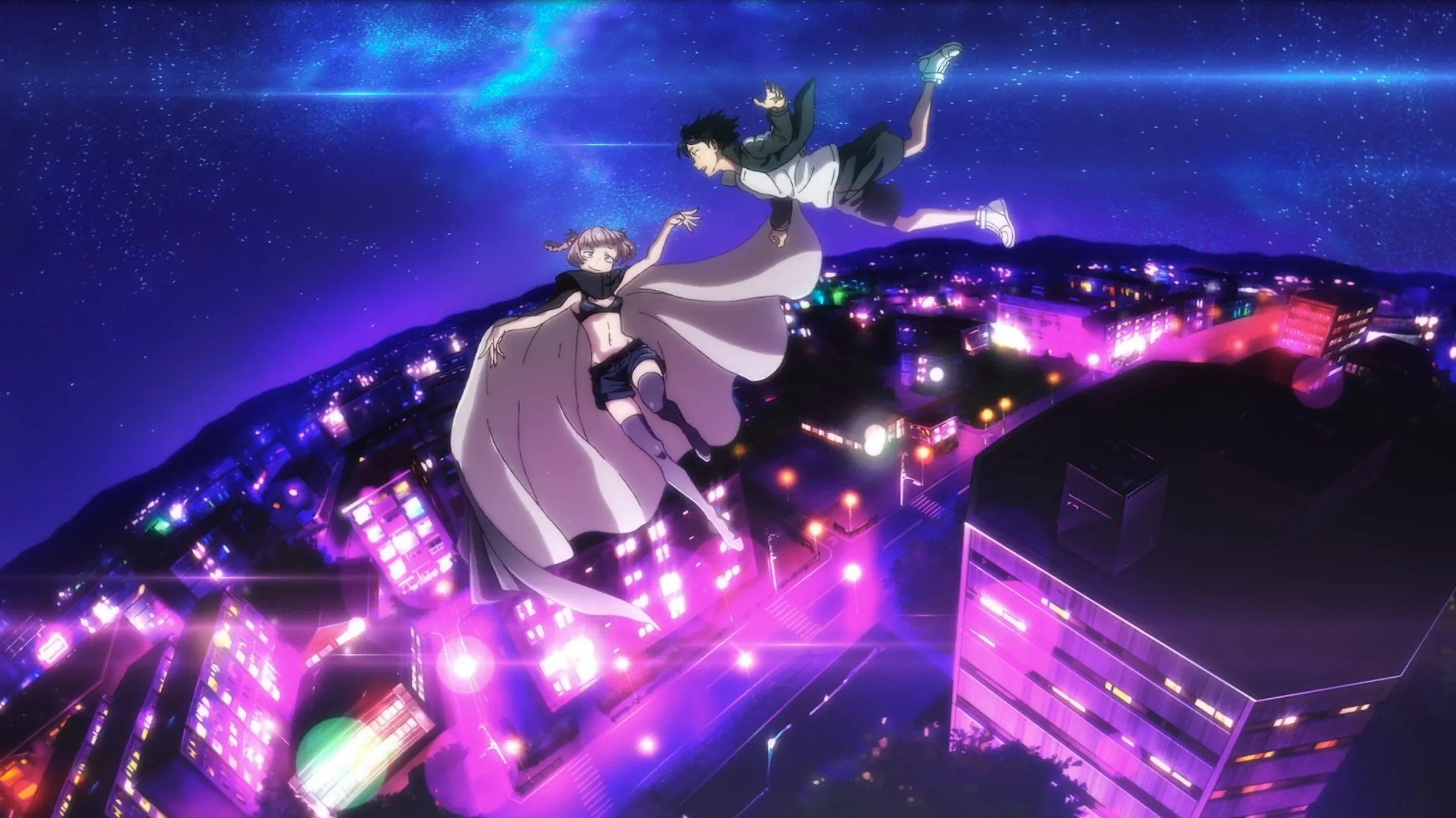 Kou Yamori and Nazuna Nanakusa from "Call Of The Night" (2022) hover in the night sky over the bright city. 