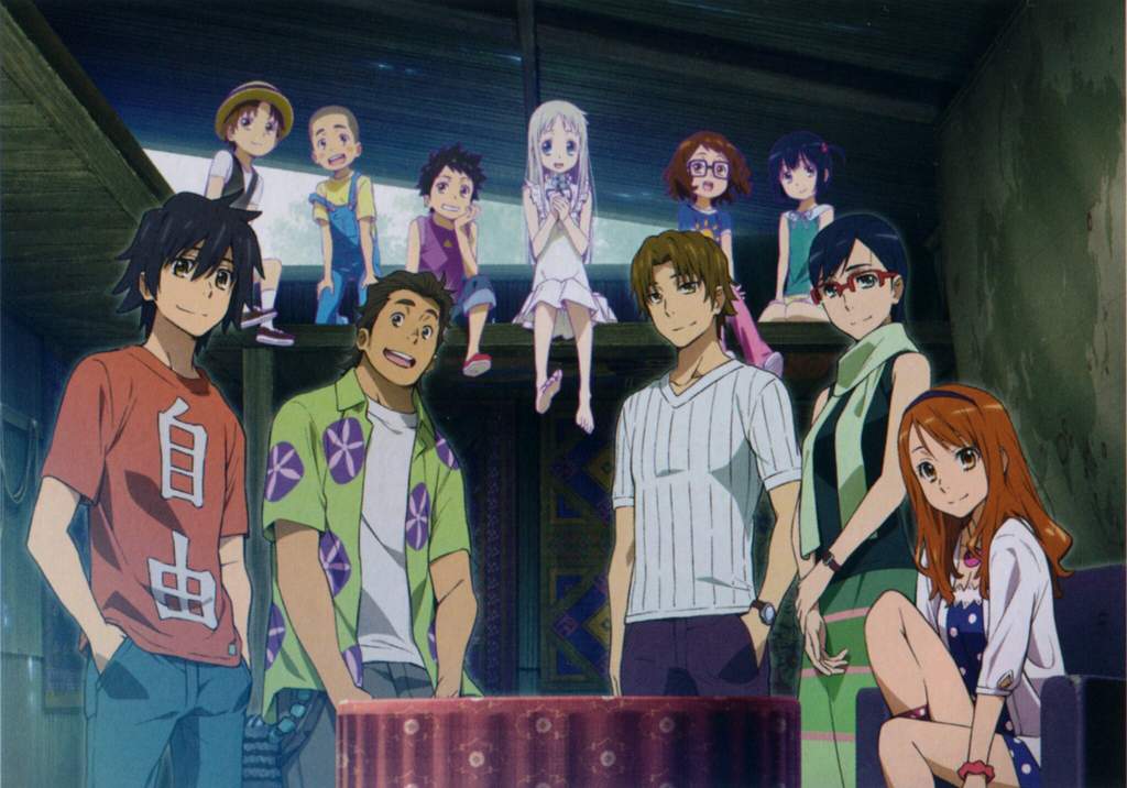 Jinta Yadomi, Tetsudo Hisakawa, Atsumu Matsuyuki, Meiko Honma, Chiriko Tsurumi, and Naruko Anjou from "Anohana: The Flower We Saw That Day" (2011). 