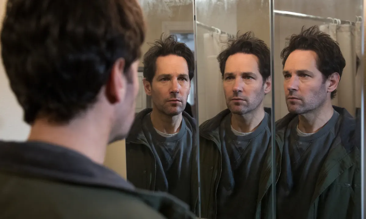 Shot from Living With Yourself: Miles stares at himself in the mirror