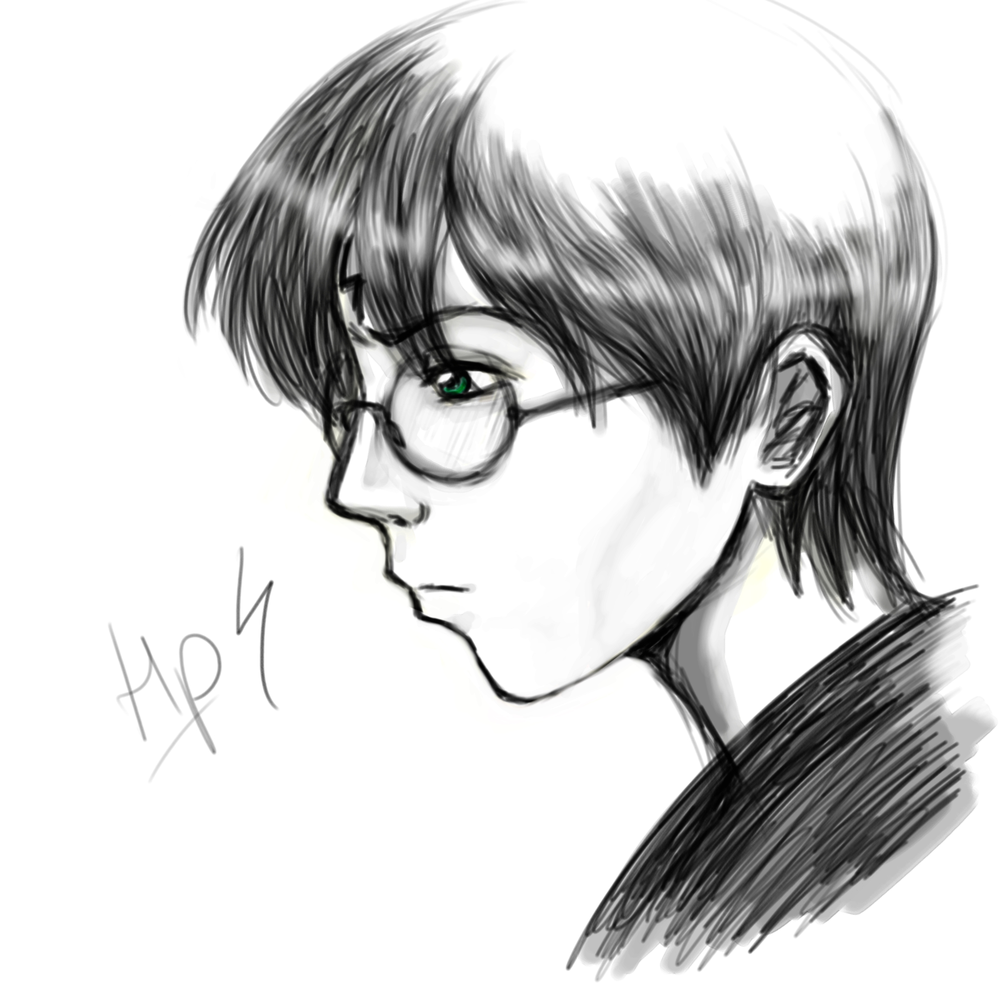 Fanfiction Fan art of Harry Potter with a pensive expression, the art is black and white with green eyes that shine like emeralds.

https://commons.wikimedia.org/wiki/File:Harry_Potter_fanart_-_Cor-Sa.jpg