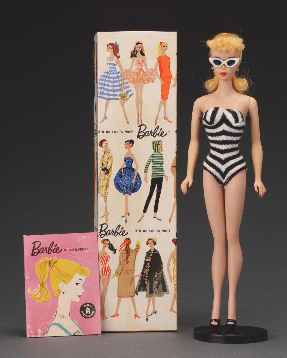 The first original Barbie doll, wearing a black and white swimsuit.