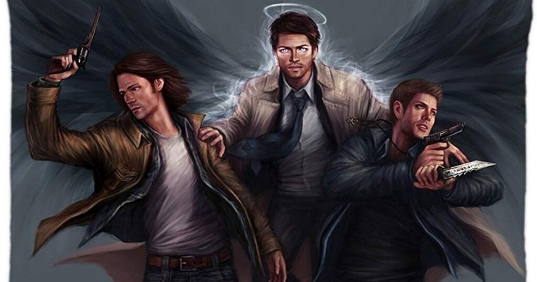 Art depicting Supernatural (2005-2020) characters Sam and Dean being watched over by Castiel. 