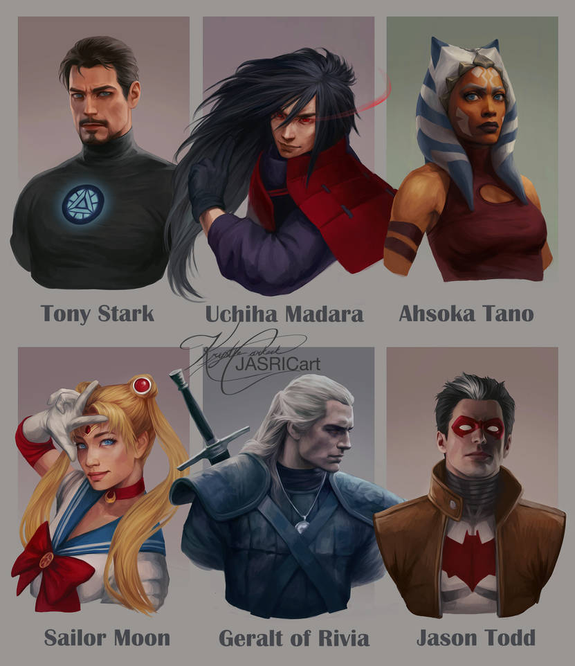 Art  depicting characters from left to right, top row includes Tony Stark, Uchiha Madara, Ahsoka Tano, bottom row Sailor Moon, Geralt of Rivea and Jason Todd.

