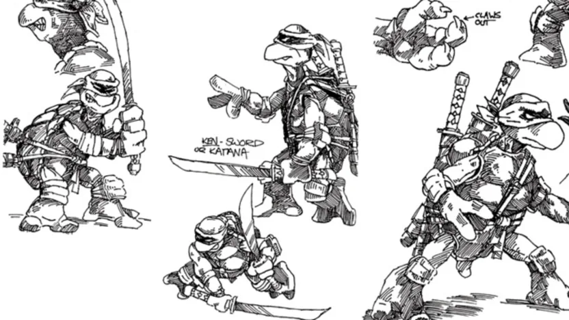 The First Sketches Of The Teenage Mutant Ninja Turtles drawn by Kevin Eastman and Peter Laird. 1983