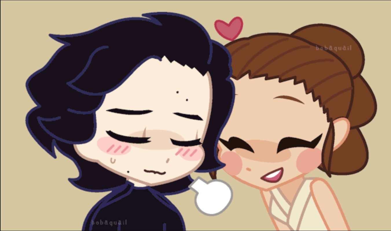 Art depicting Kylo Ren and Rey interacting, Kylo Ren being exasperated and slightly embarrassed at Ren's affection.  