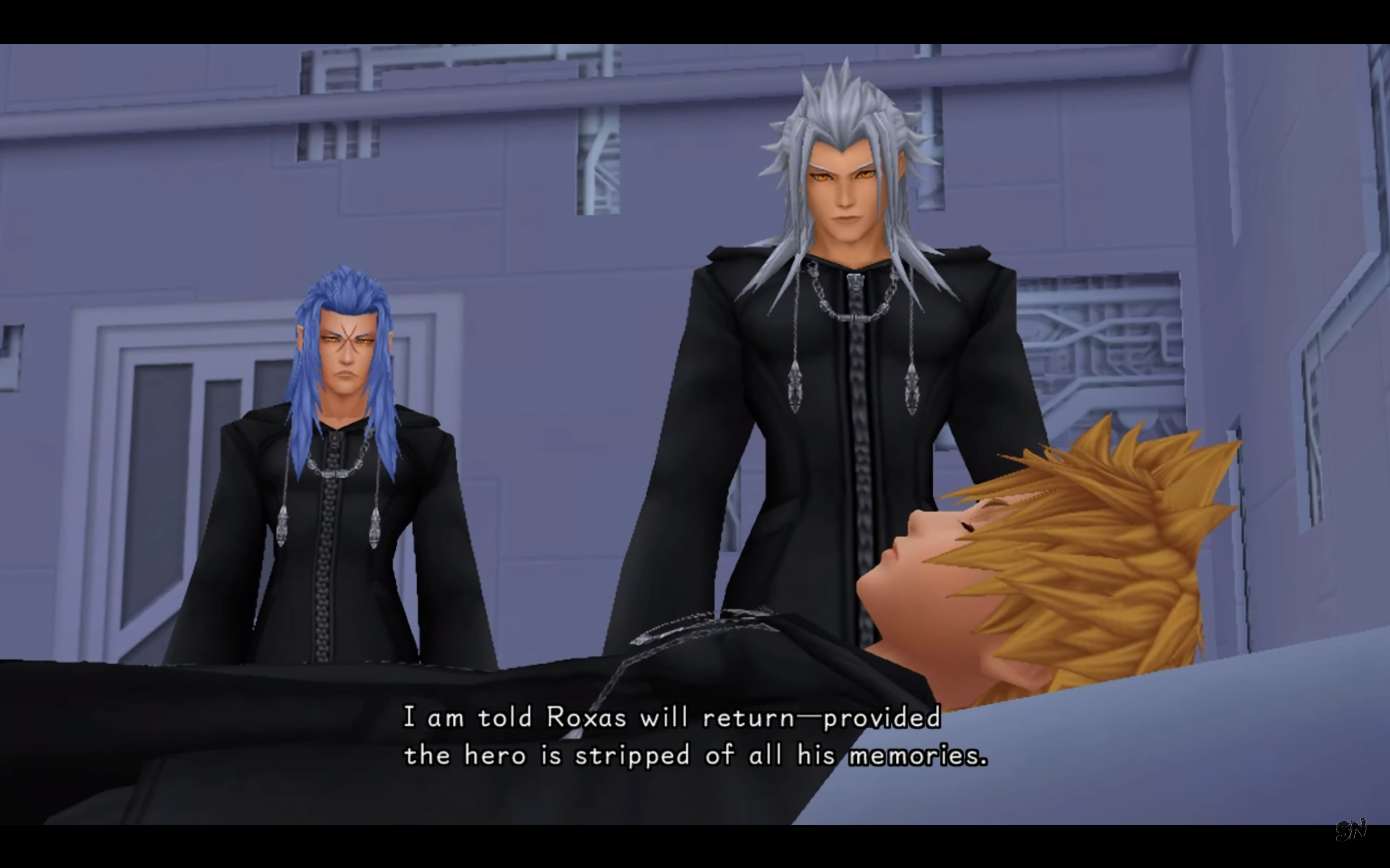 "Kingdom Hearts: 358/2 Days". 2009. Square Enix.
Saïx and Xemnas watching over a sleeping Roxas.