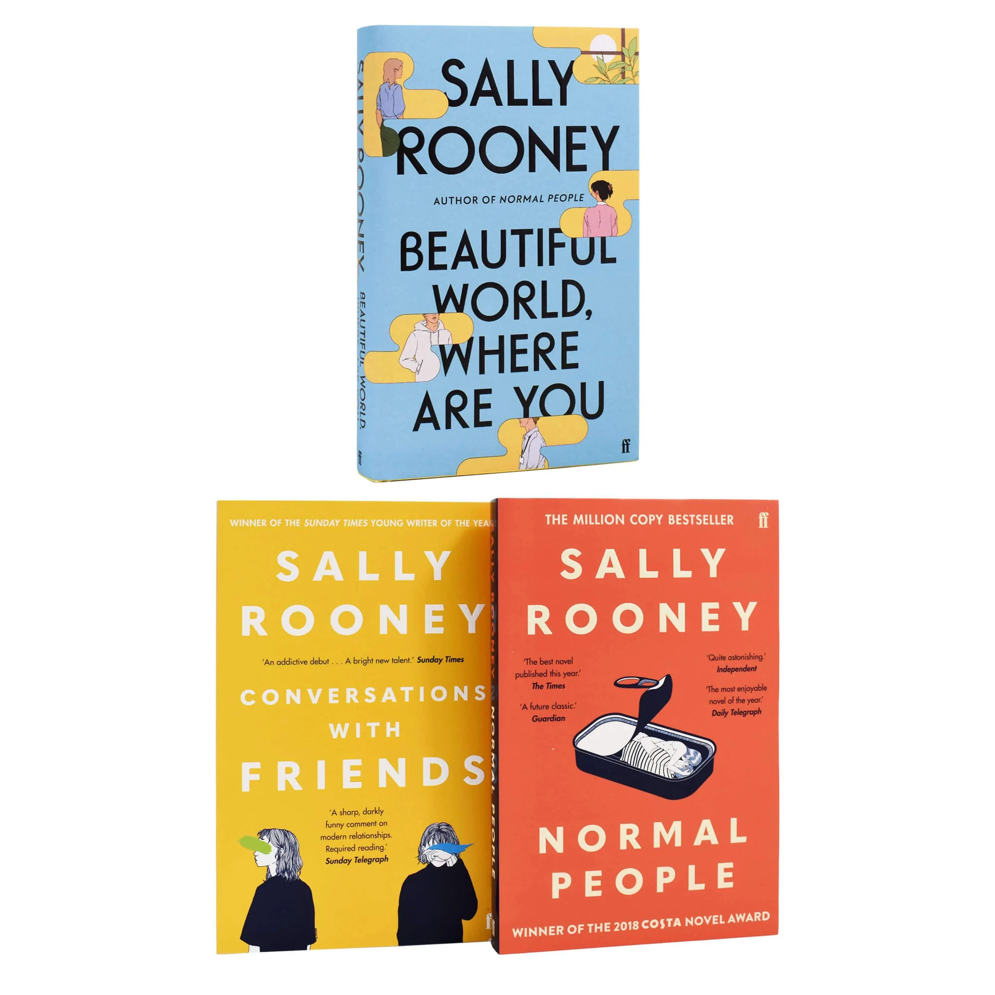 Sally Rooney’s metamodernism novels to date. Top: Beautiful World Where Are You (2021); bottom right: Normal People (2018); bottom left: Conversations With Friends (2017).
