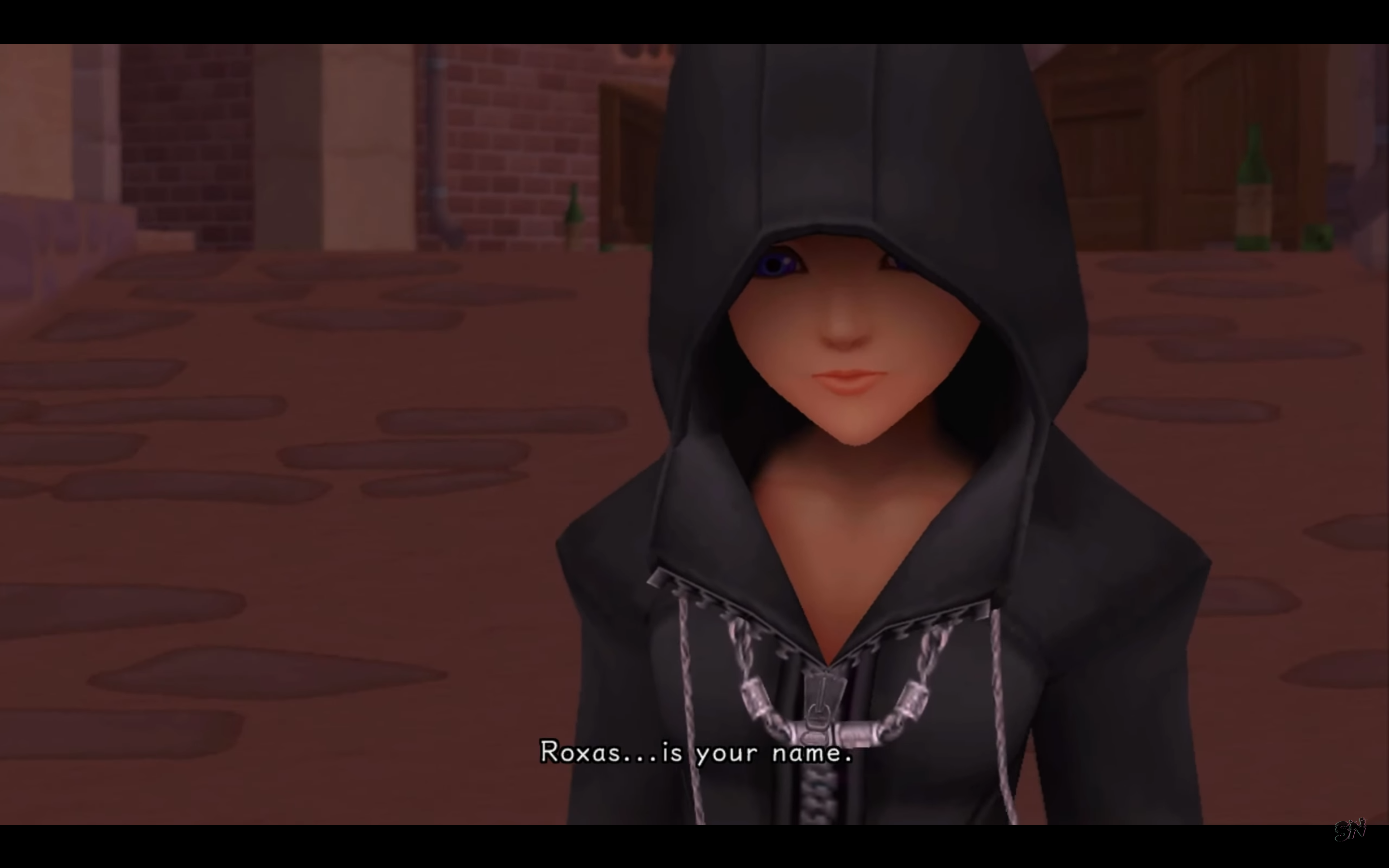 "Kingdom Hearts: 358/2 Days". 2009. Square Enix.
Xion with her hood up saying Roxas's name.