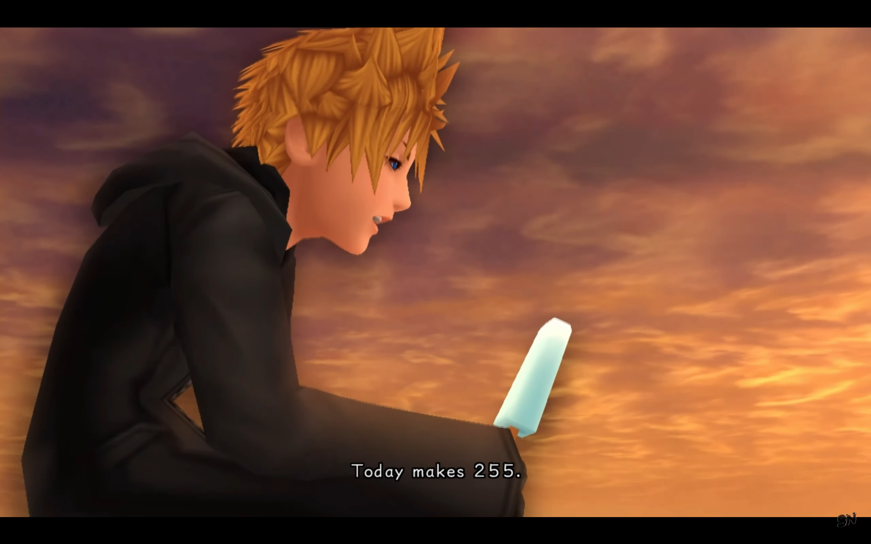 " Kingdom Hearts : 358/2 Days". 2009. Square Enix.
Roxas sitting with ice cream.