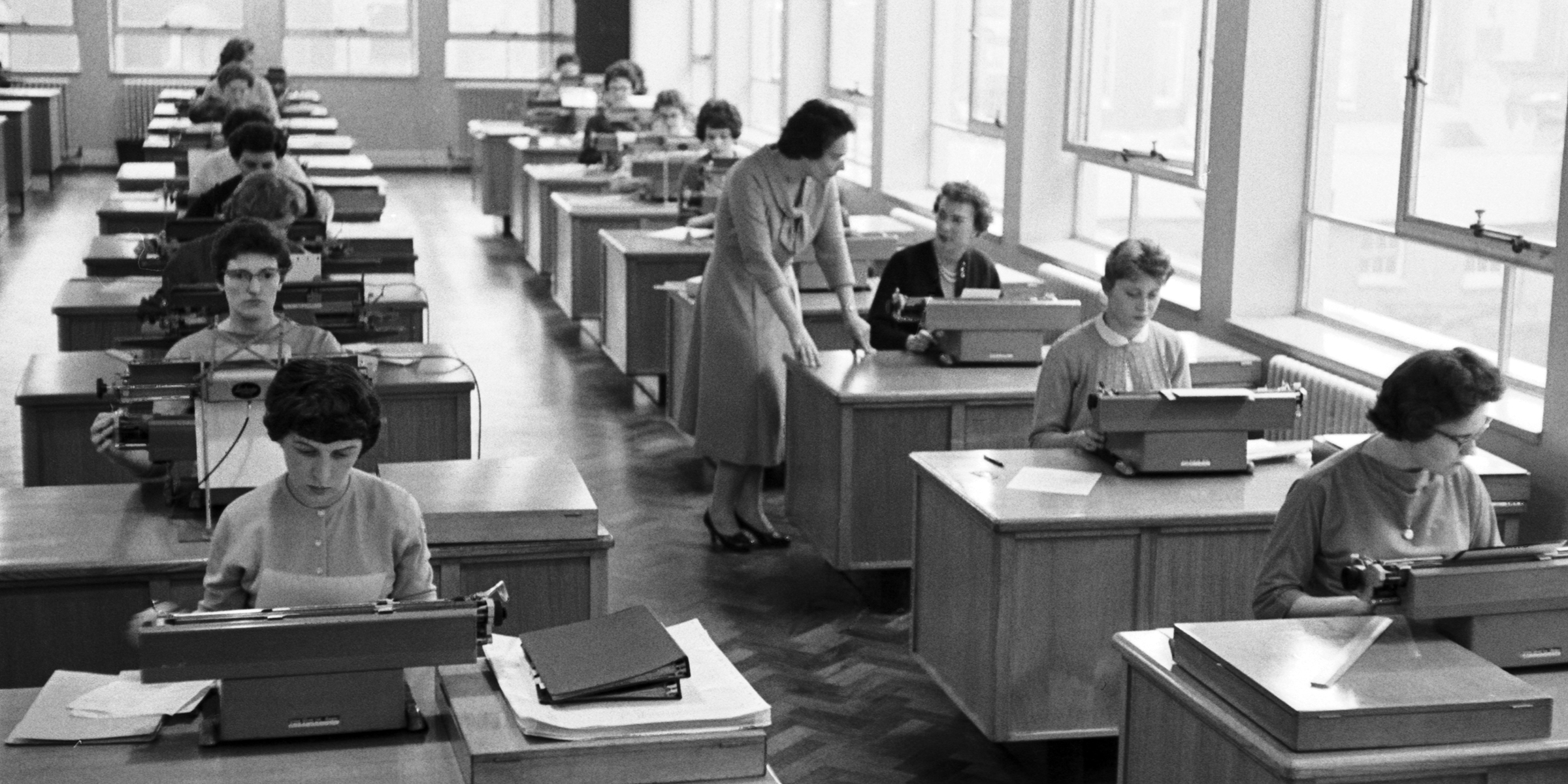 The typing pool at the offices of the retailer Marks and Spencer, Baker Street, London. Photo by Bert Hardy Advertising Archive/Getty Images. 7th April 1959.