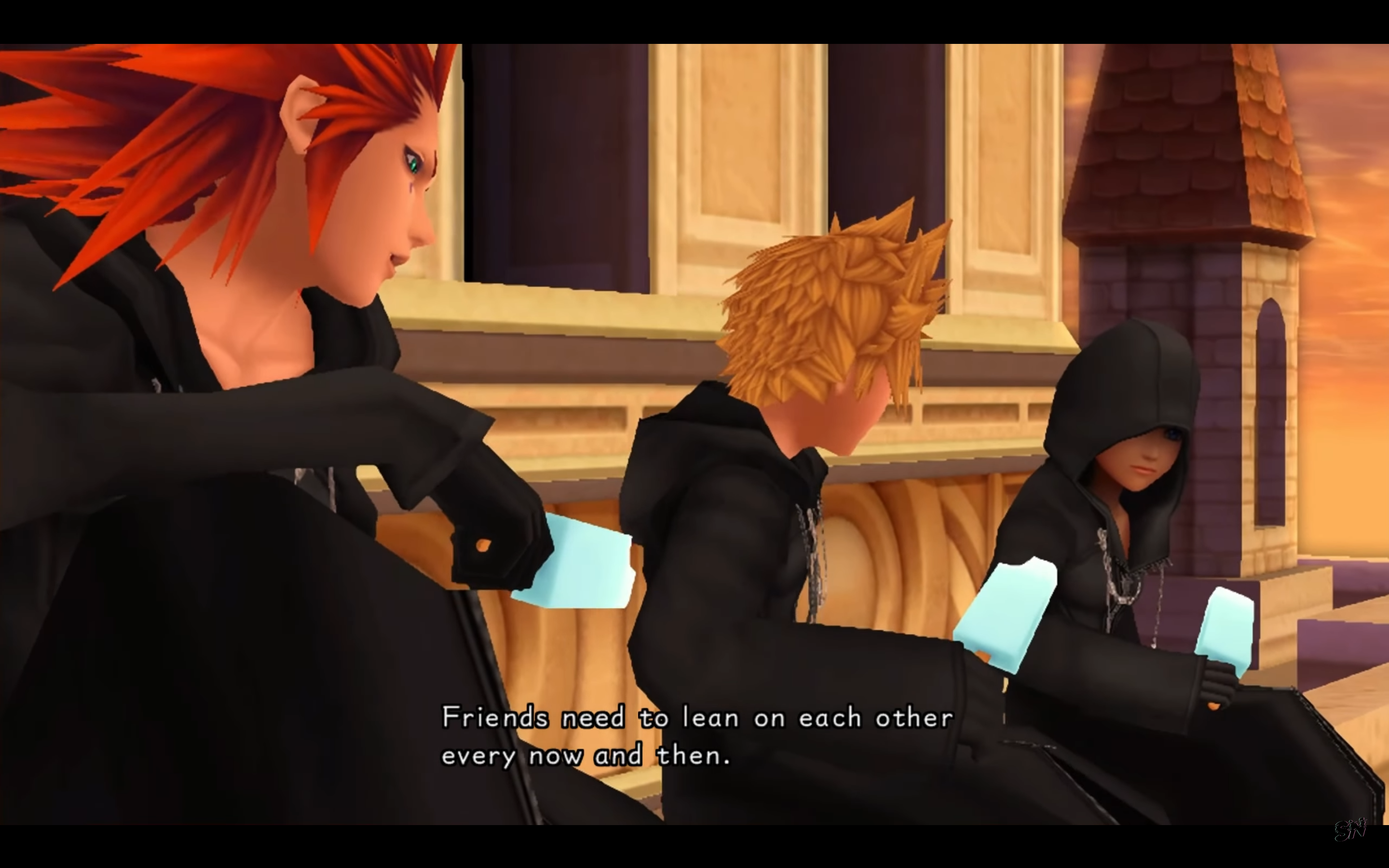 "Kingdom Hearts: 358/2 Days". 2009. Square Enix.
Axel and Roxas reassuring Xion of their plan.