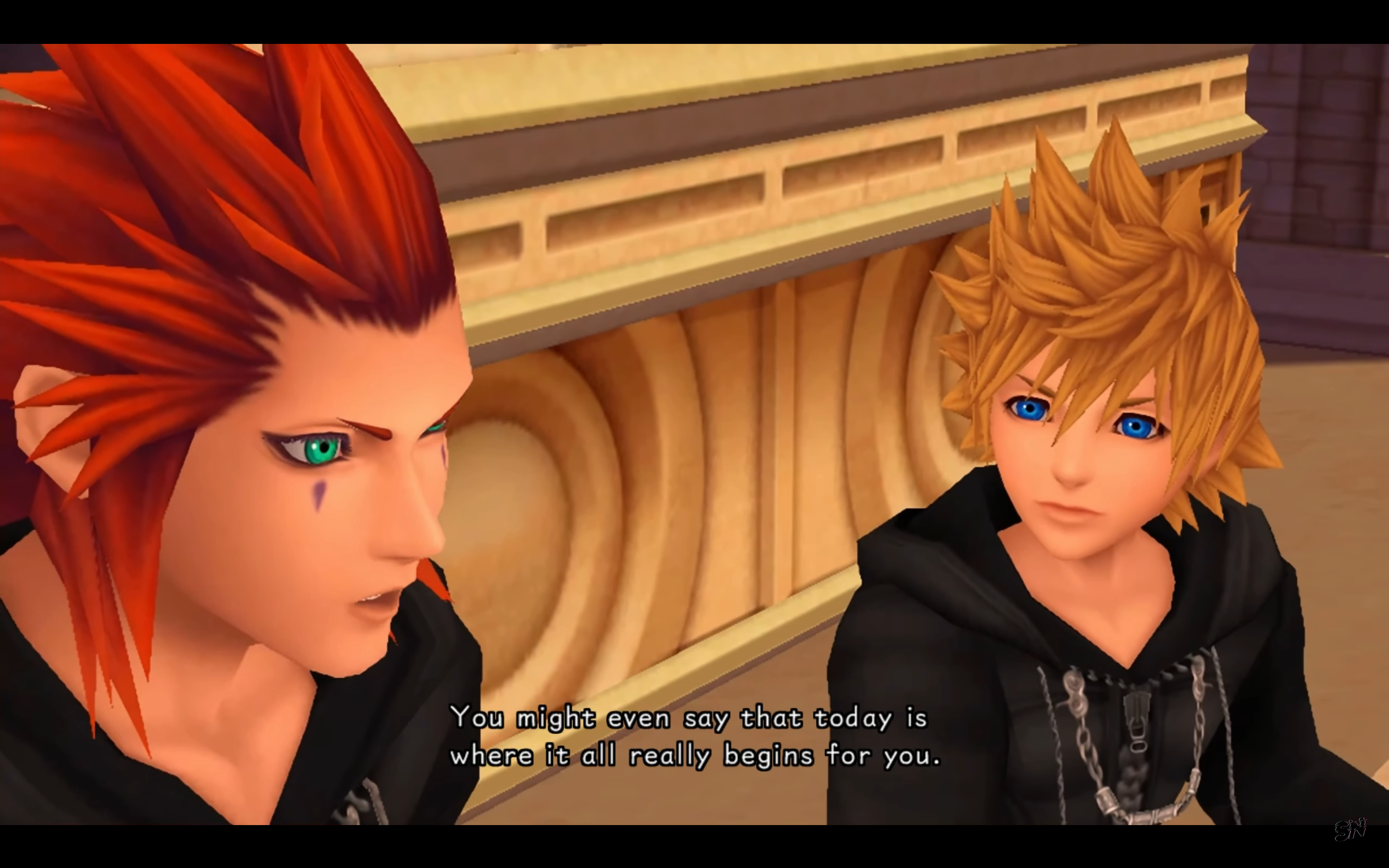 "Kingdom Hearts: 358/2 Days". 2009. Square Enix.
Roxas and Axel talking on the clock tower.