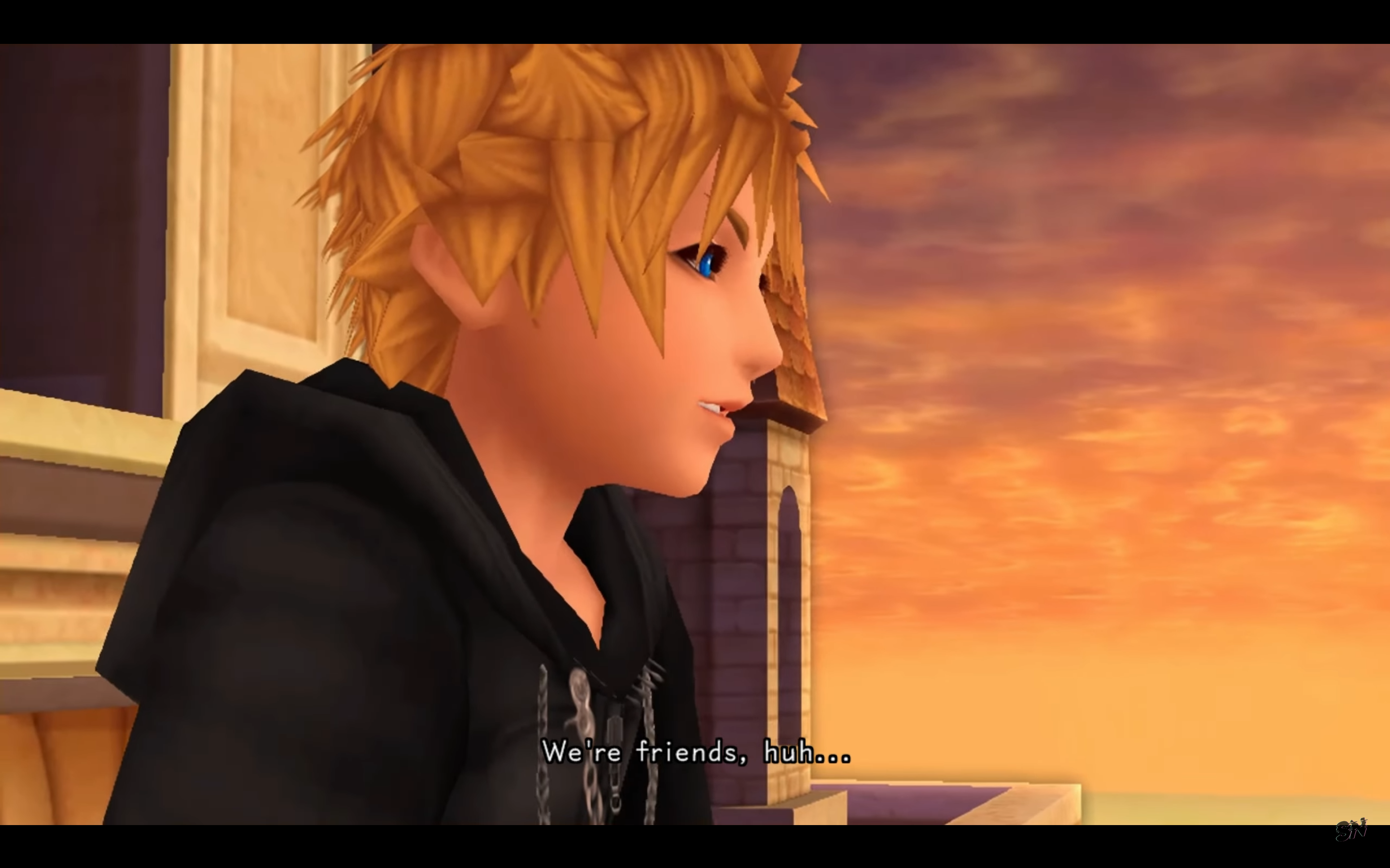 "Kingdom Hearts: 358/2 Days". 2009. Square Enix.
Roxas sitting ont he clock tower.