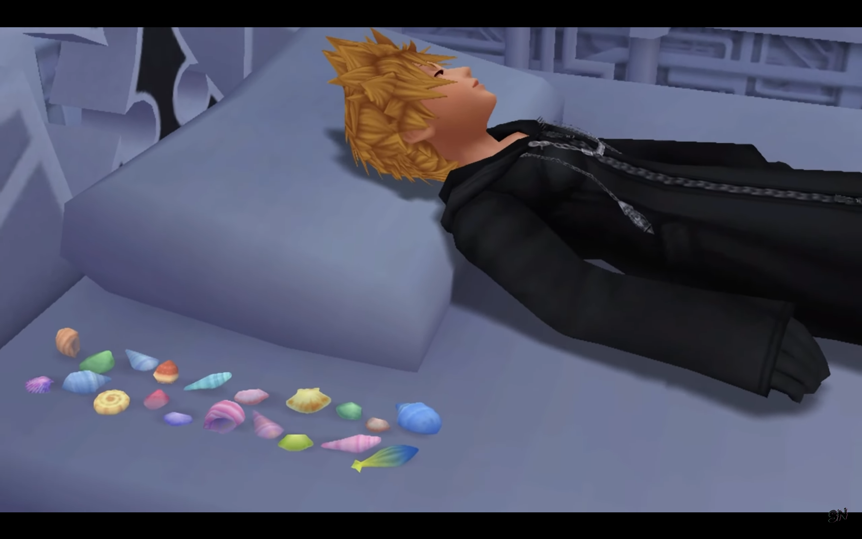 "Kingdom Hearts: 358/2 Days". 2009. Square Enix.
Roxas sleeping with seashells by his pillow.