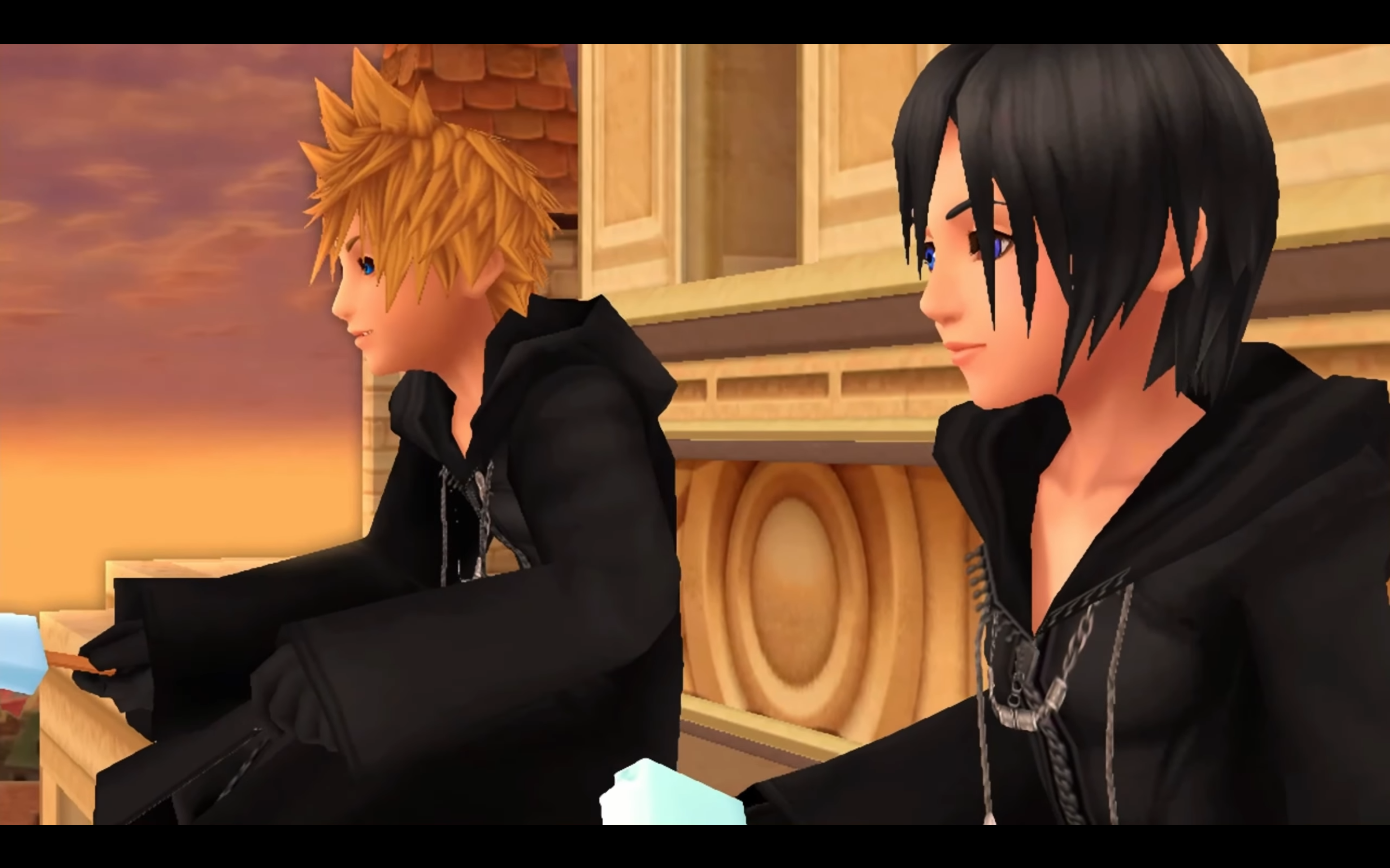 "Kingdom Hearts: 358/2 Days". 2009. Square Enix. Roxas and Xion sitting on top of the clock tower