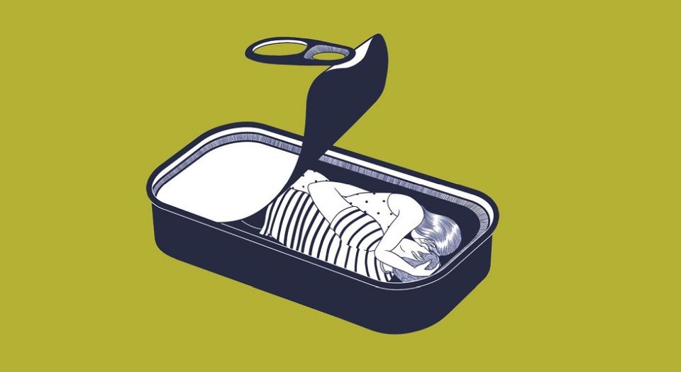 Cover image used on Sally Rooney’s novel “Normal People” published by Faber & Faber Limited. Two people hugging inside a sardine tin.