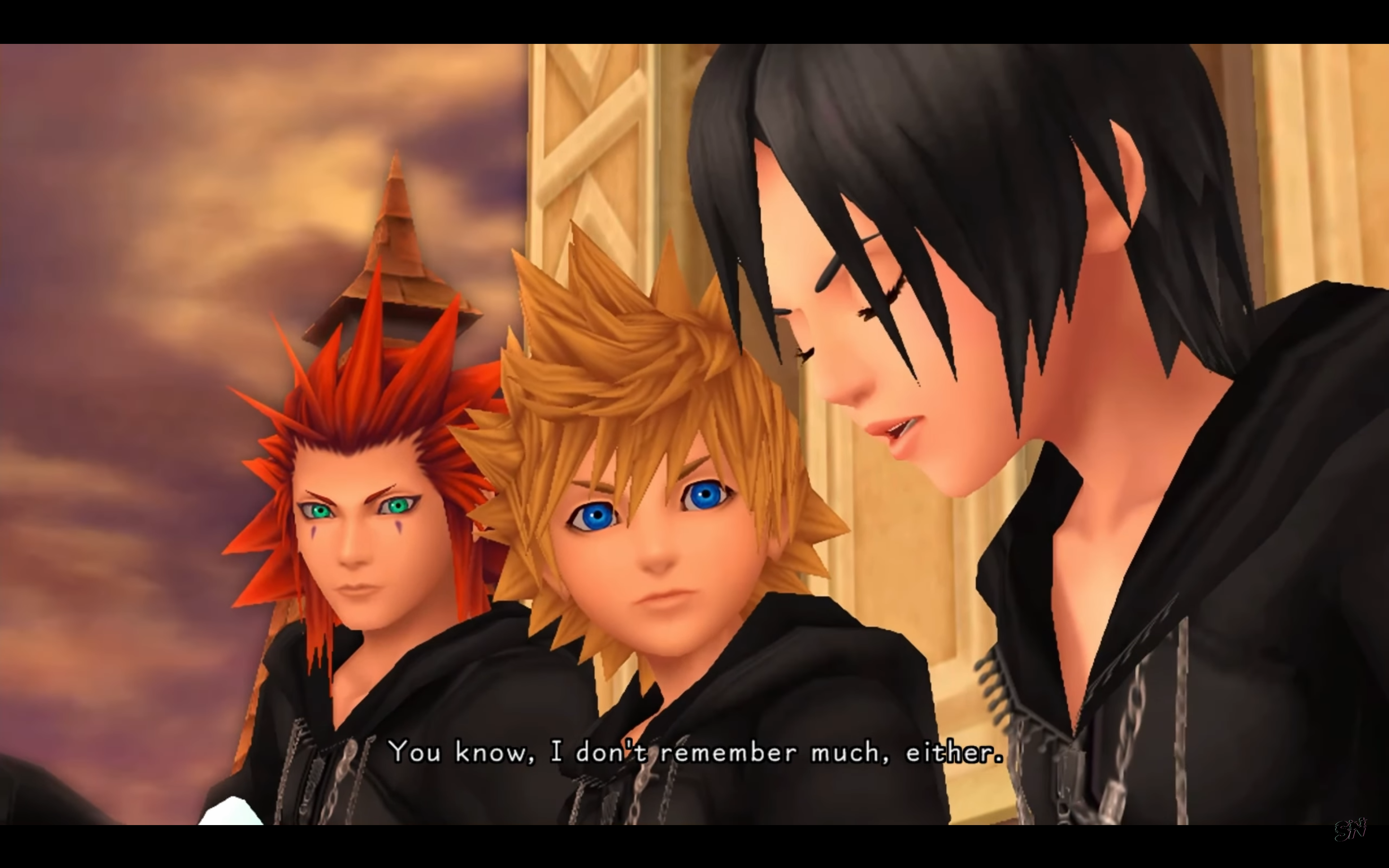 "Kingdom Hearts: 358/2 Days". 2009. Square Enix.
Axel and Roxas listen to Xion on the clocktower.