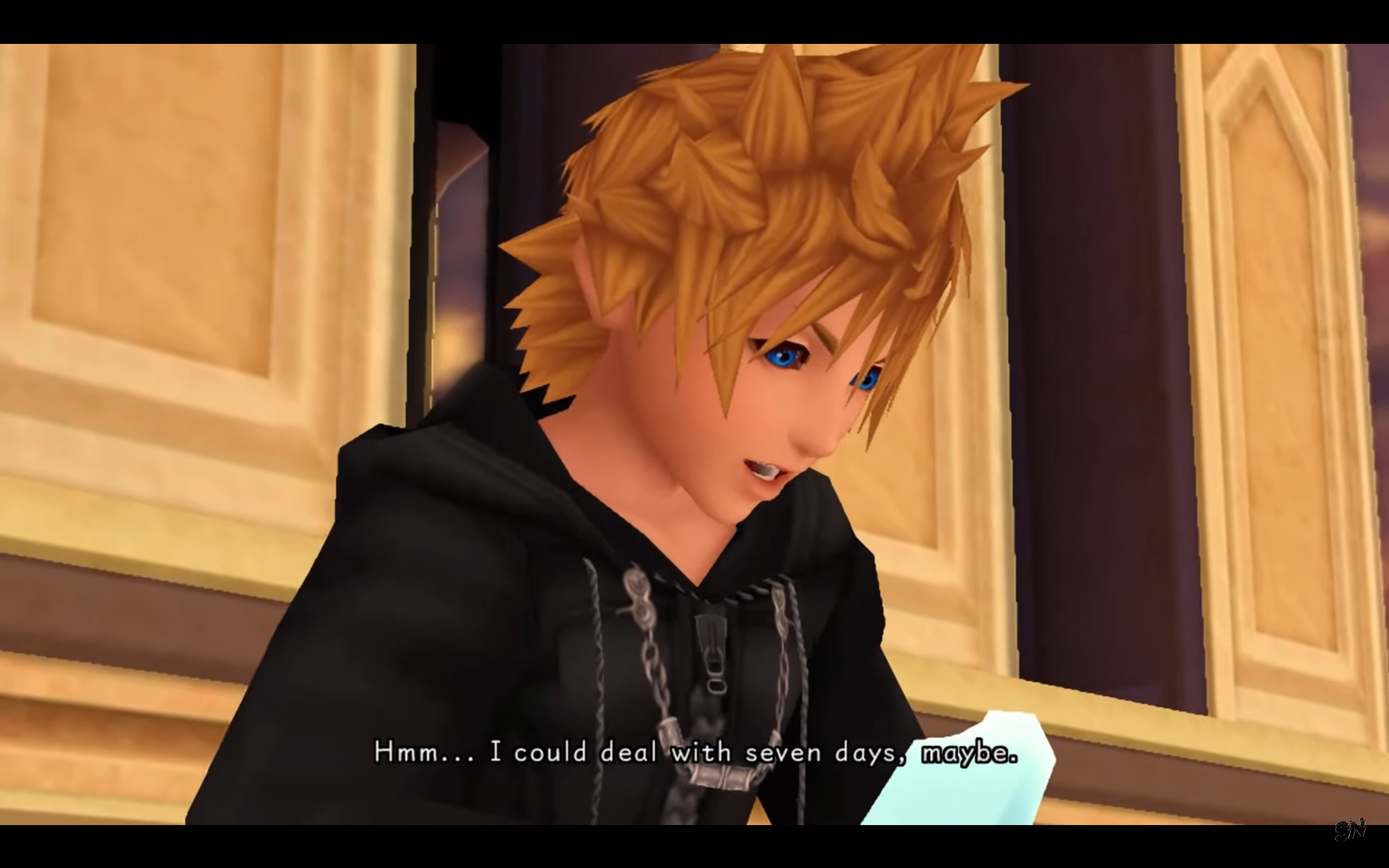 "Kingdom Hearts: 358/2 Days". 2009. Square Enix.
Roxas thinking of having seven days off.