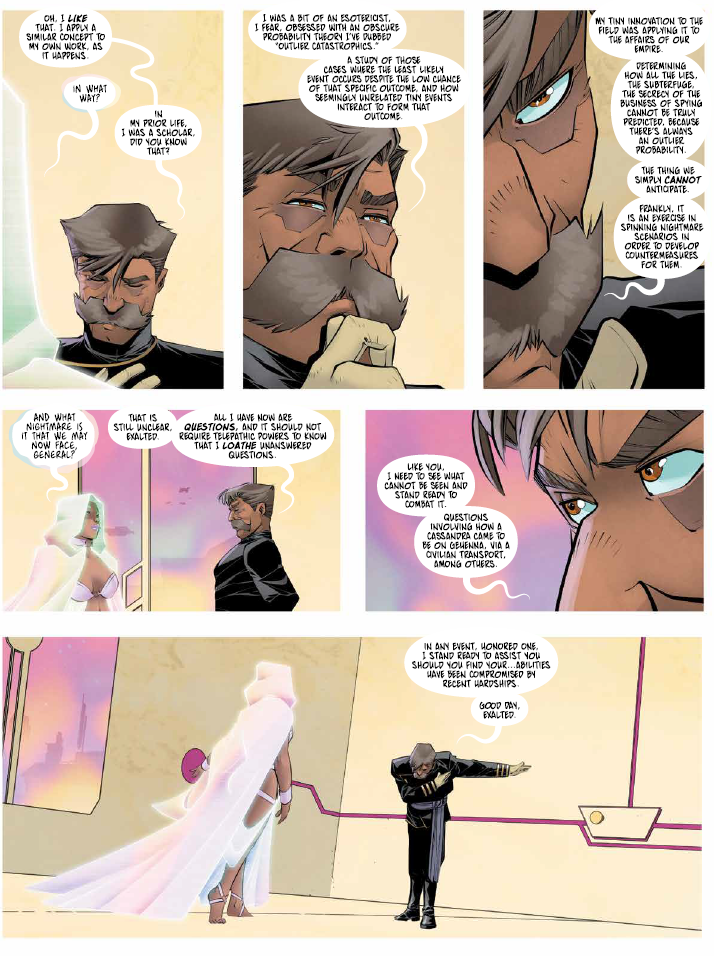 General Davian questions a Cassandra in her home. Rucka, Greg; Trautmann, Eric; Henderson, Mike.The Forged #4. Image Comics. 2023.