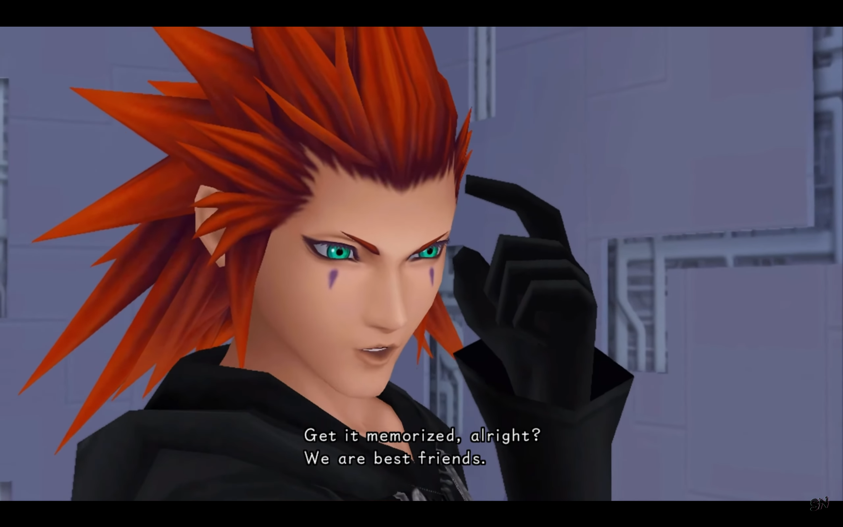 "Kingdom Hearts: 358/2 Days". 2009. Square Enix.
Axel explaining he, Xion, and Roxas are best friends.