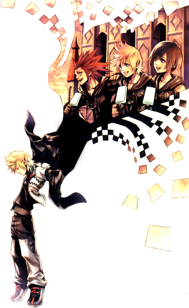 "Kingdom Hearts: 358/2 Days". 2009. Square Enix.
Original artwork by Tetsuya Nomura of Roxas, Xion, and Axel.