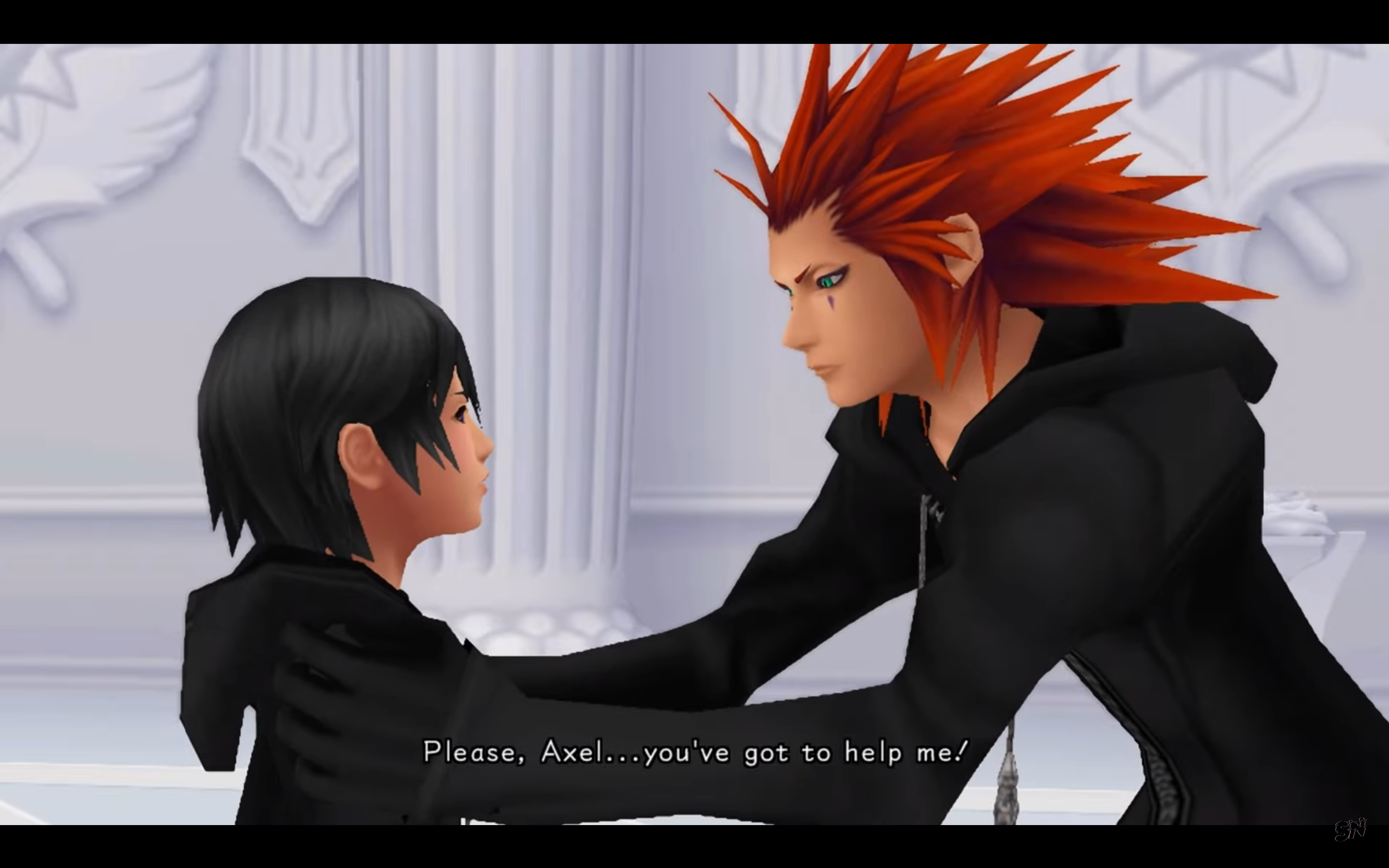 "Kingdom Hearts: 358/2 Days". 2009. Square Enix.
Xion asking Axel for help.