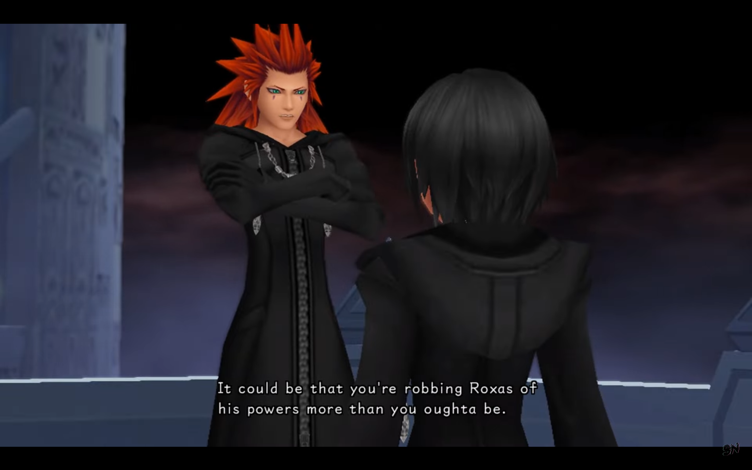 "Kingdom Hearts: 358/2 Days". 2009. Square Enix.
Xion and Axel discussing Roxas's powers.