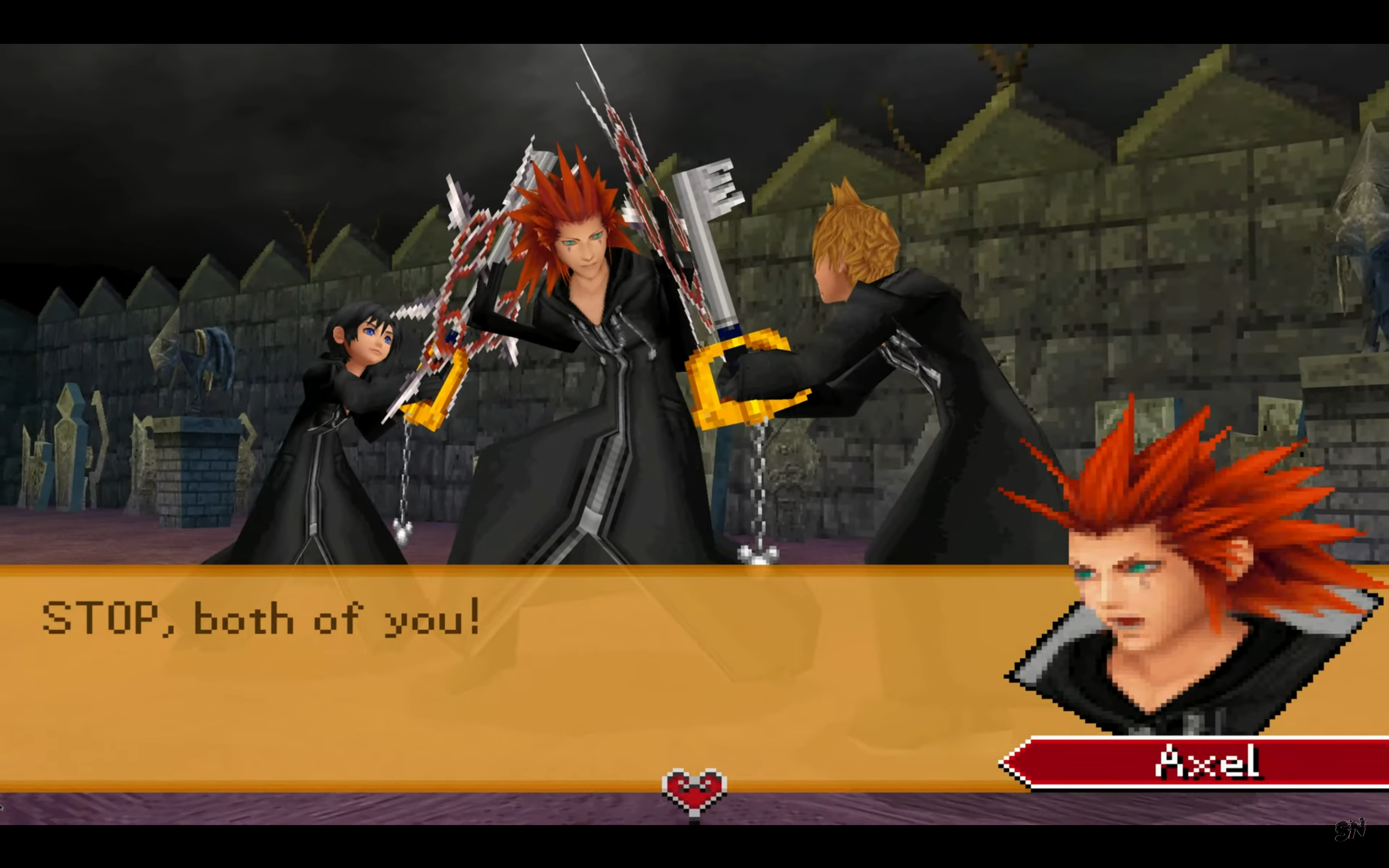 "Kingdom Hearts: 358/2 Days". 2009. Square Enix.
Axel stopping Roxas and Xion.