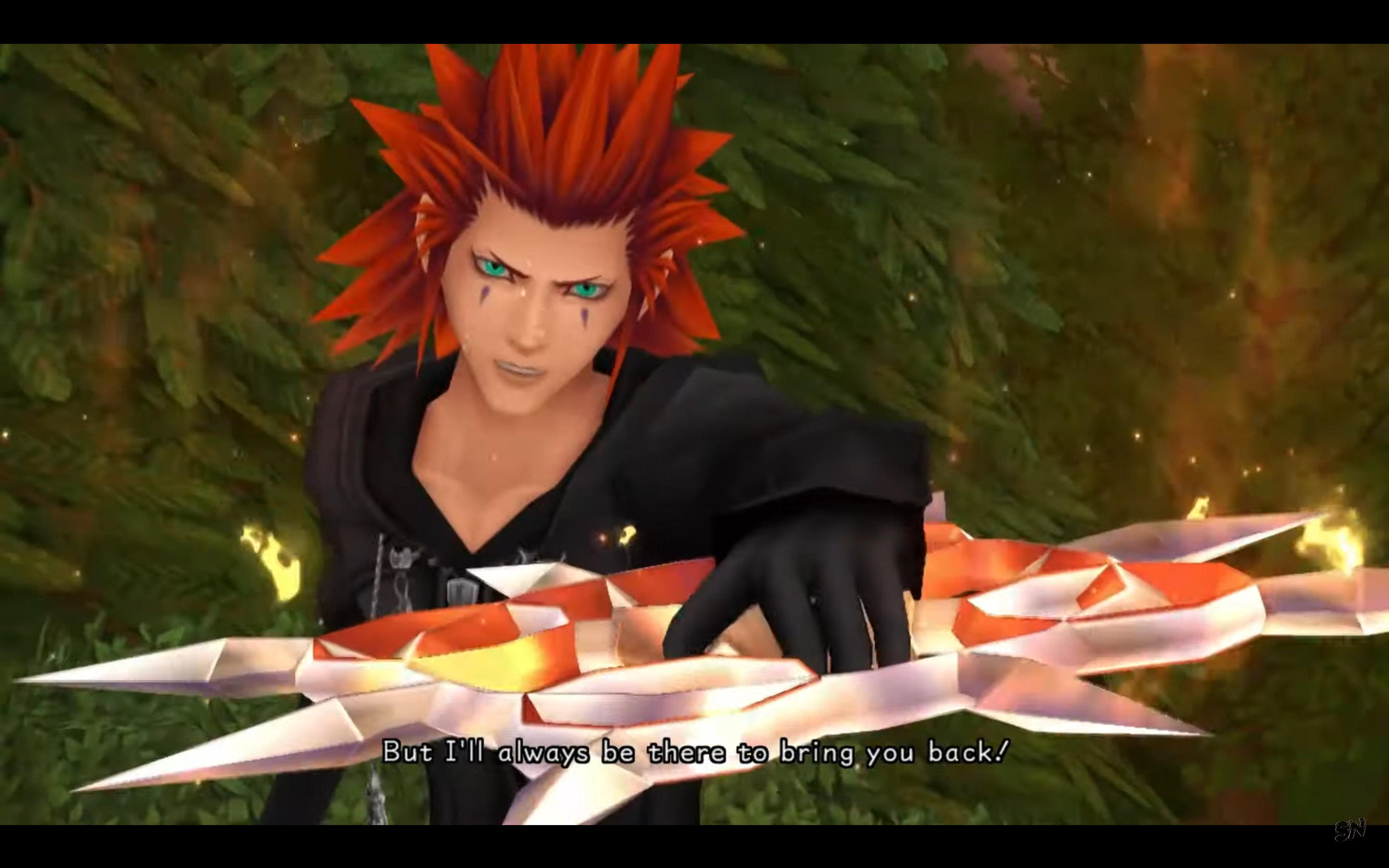 "Kingdom Hearts: 358/2 Days". 2009. Square Enix.
Axel confronts Xion.