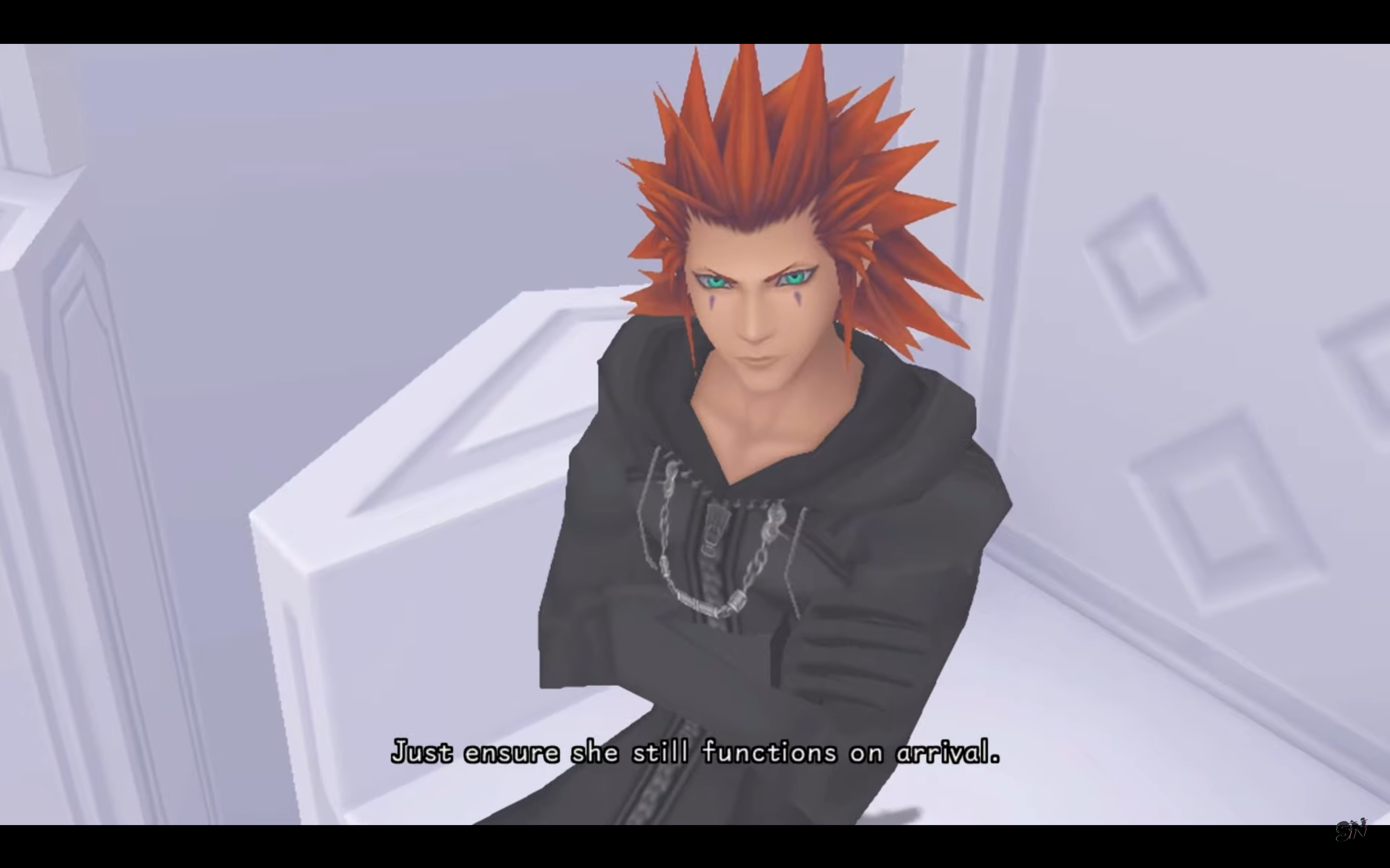 "Kingdom Hearts: 358/2 Days". 2009. Square Enix.
Axel accepting orders from Xemnas.