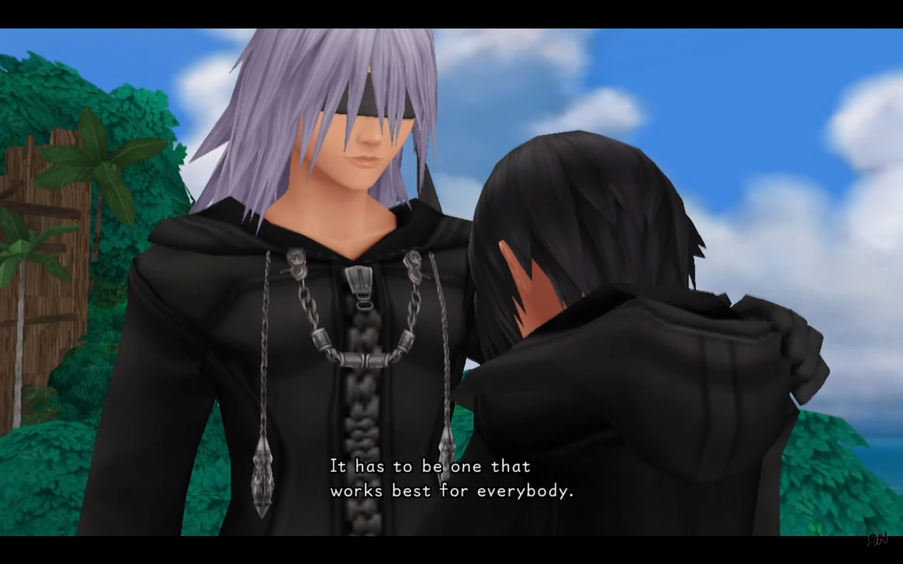 "Kingdom Hearts: 358/2 Days". 2009. Square Enix.
Riku speaking with Xion.