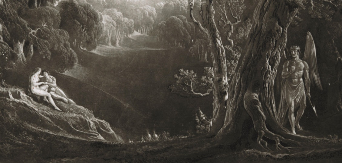 John Martin's black and white illustration of Satan approaching Adam and Eve in the Garden of Eden. 